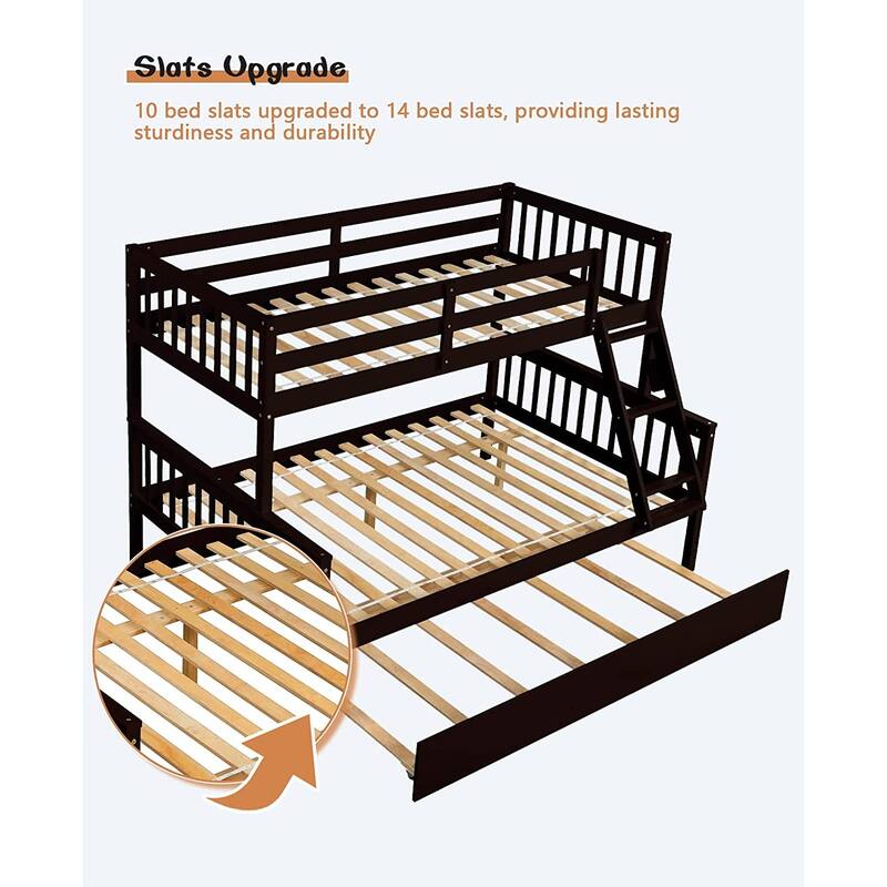 Twin Over Full Bunk Bed with Trundle, Ladder and Guard Rails
