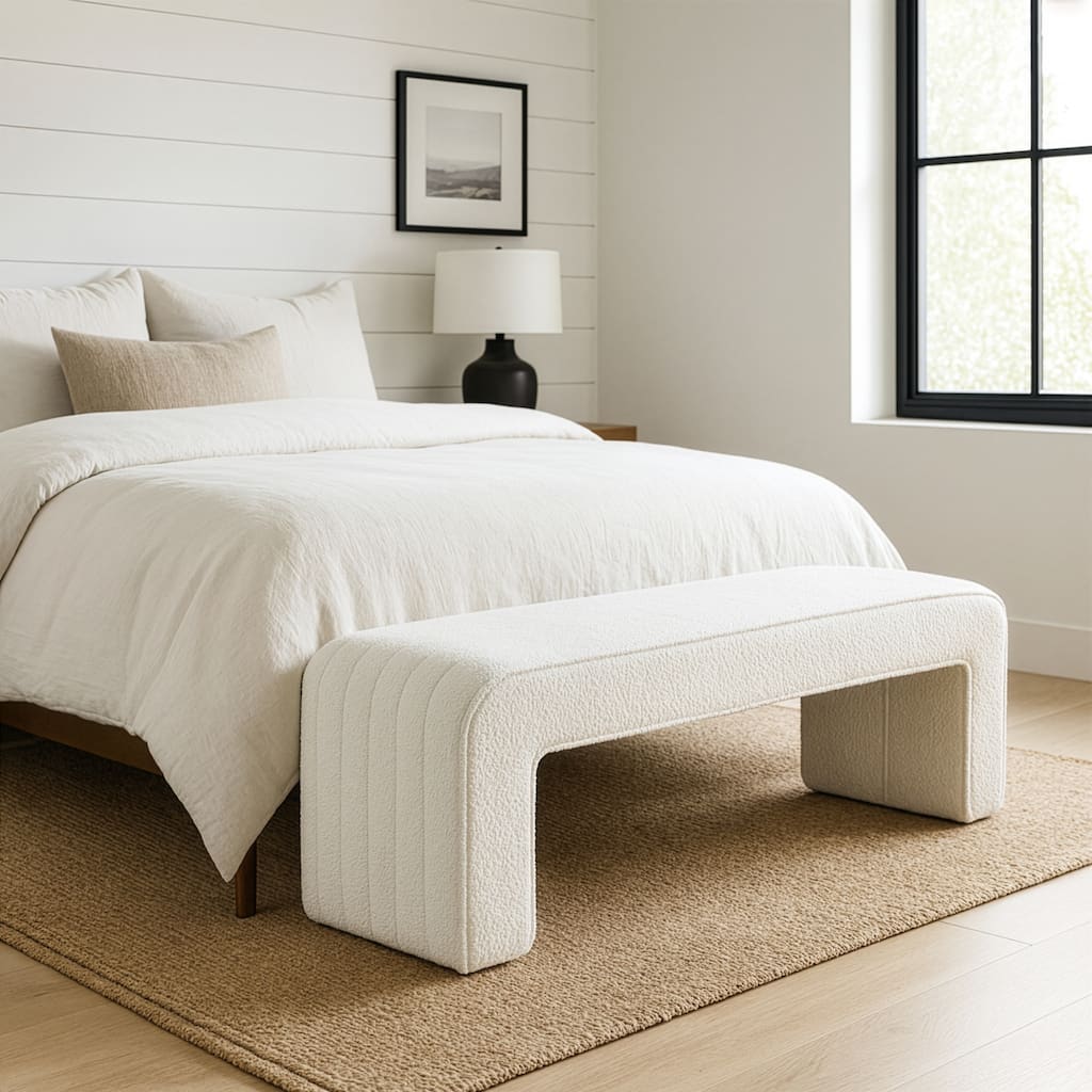 Benicia White Boucle Upholstered Fabric Tufted Bench