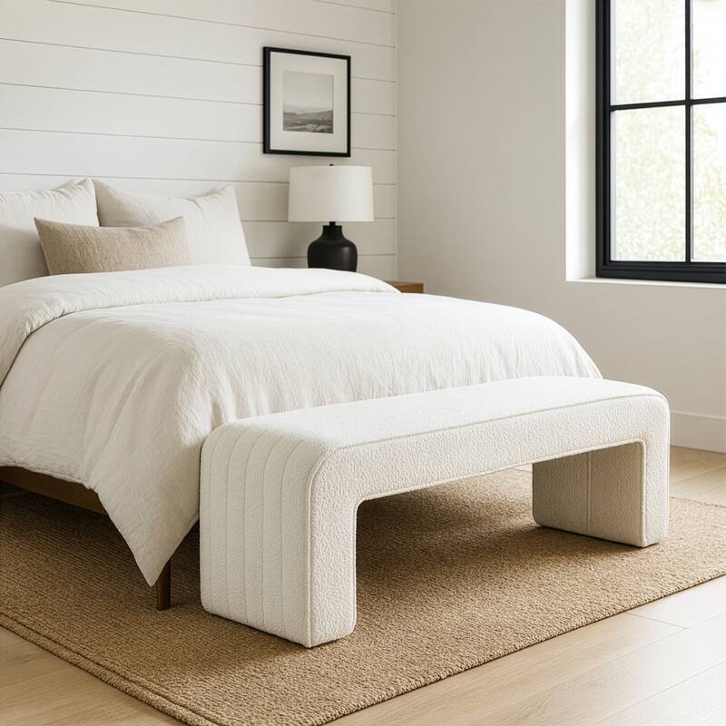 Benicia White Boucle Upholstered Fabric Tufted Bench