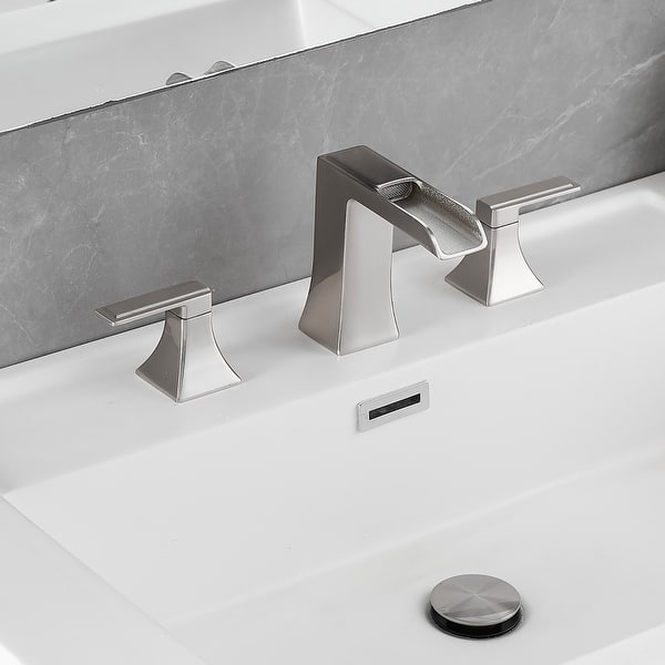 slide 2 of 36, Double Handle Three-Hole Bath Waterfall Faucet with Drain Brushed Nickel