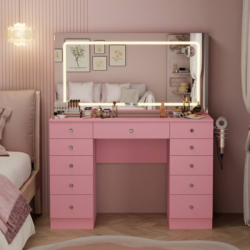 Makeup Desk with Large Mirror & 11-drawer