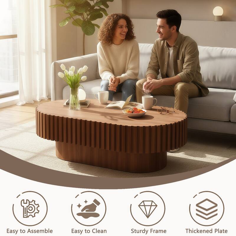 Oval Coffee Table for Living Room, Mid Century Modern Wooden Table with Pedestal, Unique Drum Tea Table Side Center Table