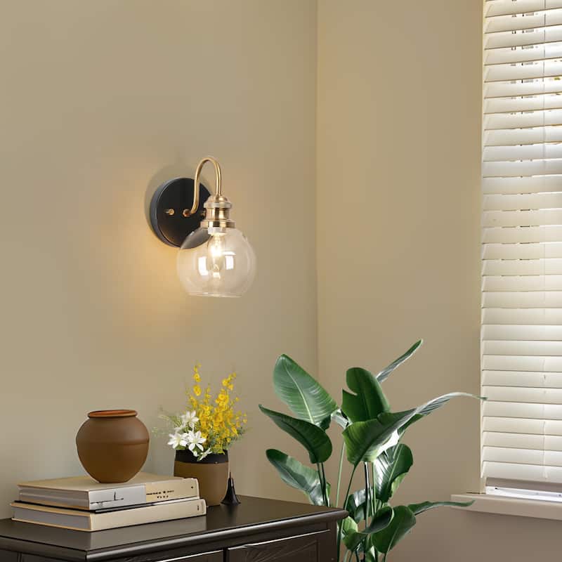 Mid-Century Modern Wall Sconce Lighting with Round Glass Bathroom Gold Vanity Lights - 5" L x 7" W x 9" H