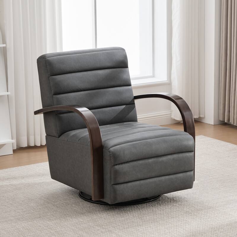 30.3"W Upholstered Swivel Accent Chair with Solid Wood Armrests, Channel Tufted Lounge Chair Single Reading Sofa Chair