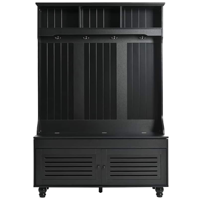 Roomfitters Hall Tree with Shutter Doors, Entryway Bench with Cushion, Hooks and Storage Organizer