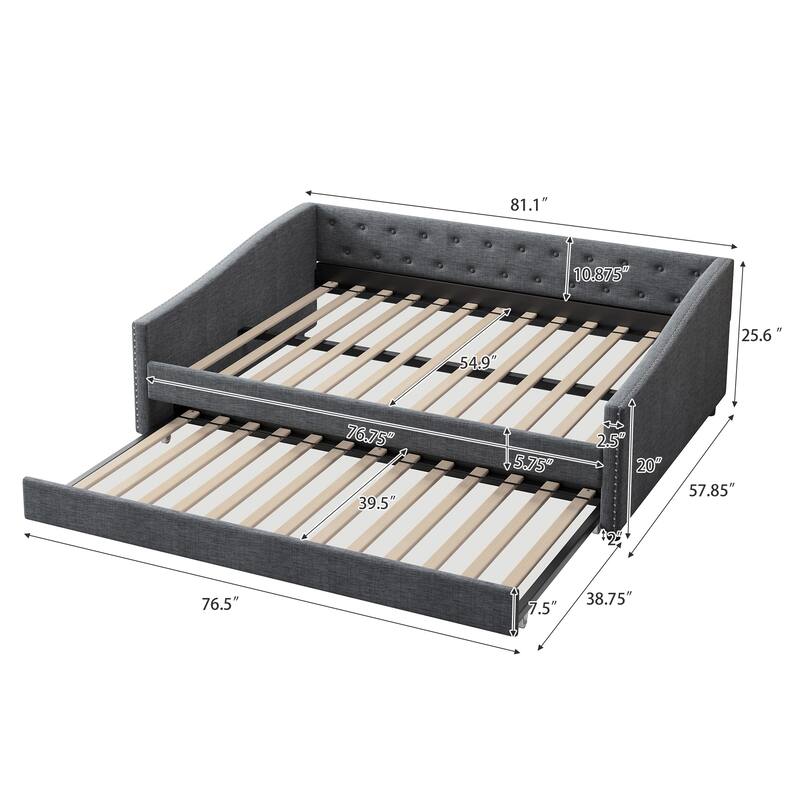 Linen Tufted Daybed with Trundle, Upholstered Platform Sofa Bed Frame, Wooden Slat Support