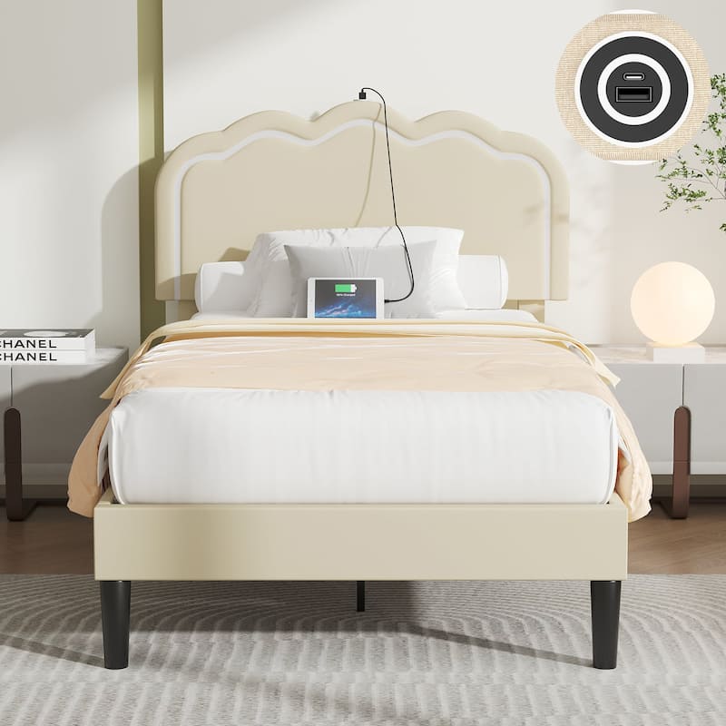VECELO Upholstered Platform Kids Bed Frame with Headboard & LED Lights,Twin Size Bed Set of 2