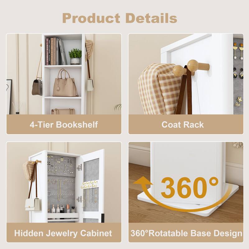 360° Rotating Makeup & Jewelry Cabinet with Full-Length Mirror - Standing Organizer with Coat Rack & 6-Tier Shelves