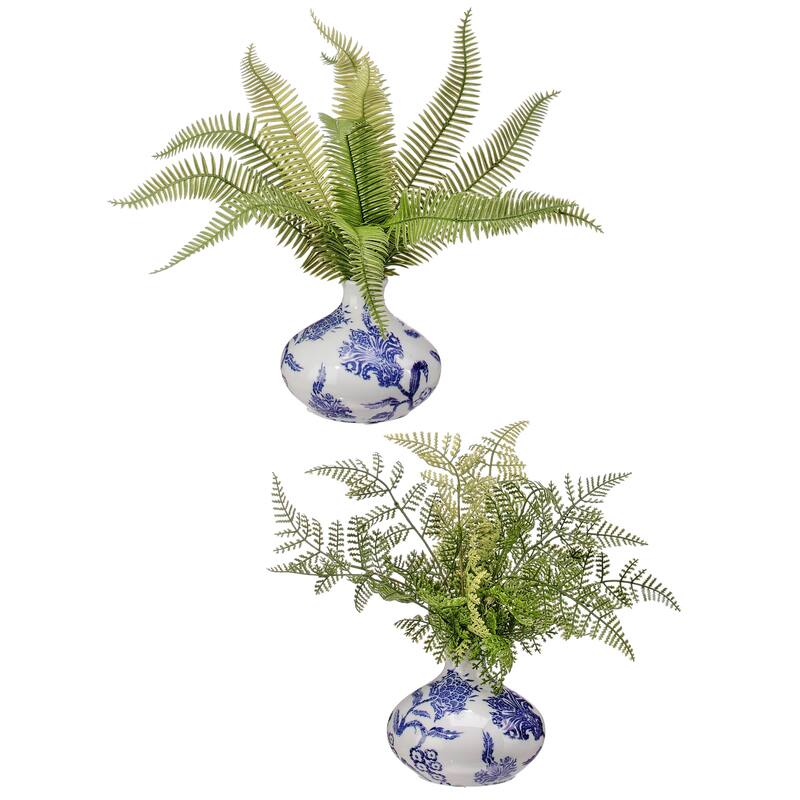 Plastic Natural Touch Fern In Ceramic Bud Vase 11.5" Set of 2