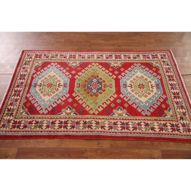 Geometric Red Kazak Oriental Rug Handmade Wool Carpet - 3'3"x 5'1"