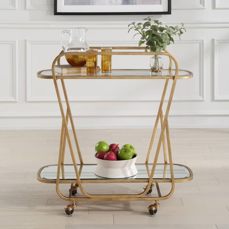 2 Tier Mirrored Top Beveled Serving Cart - 35.75" - Brass