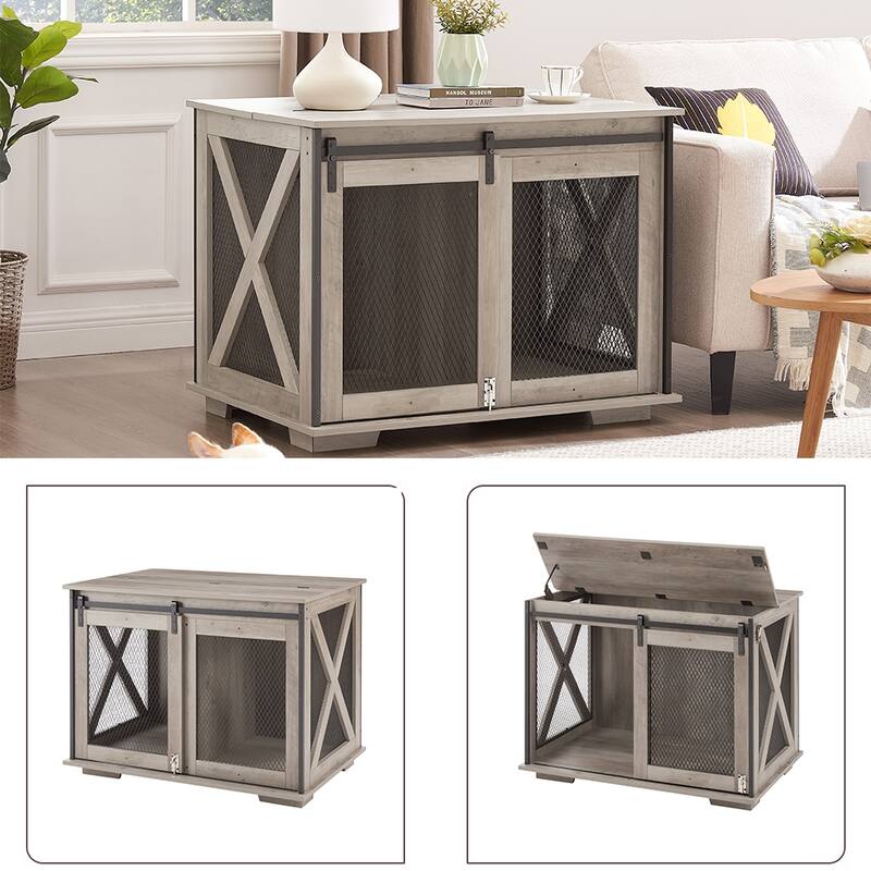 Farmhouse Dog Cage Crate Furniture with Sliding Barn Door, Wood Dog Kennel End Table, Flip-top Plate, Detachable Divide