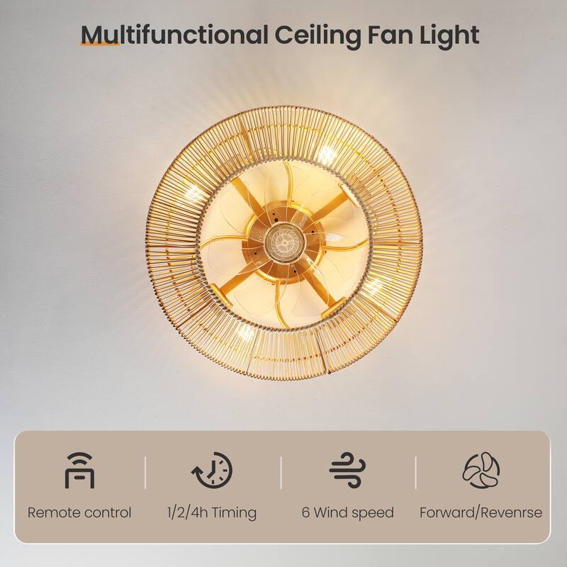 20 Inch Boho Ceiling Fans with Light Flush Mount - 4-Light