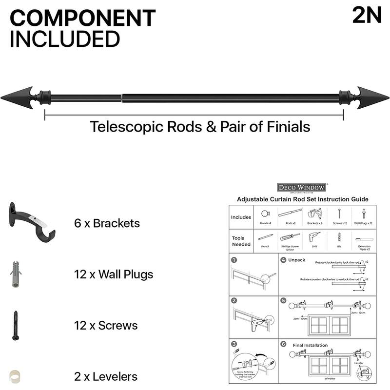 Deco Essential 3/4 Inch Curtain Rod for Windows & Doors Curtains Extendable Grey with Flat Arrow Finials & Brackets Set