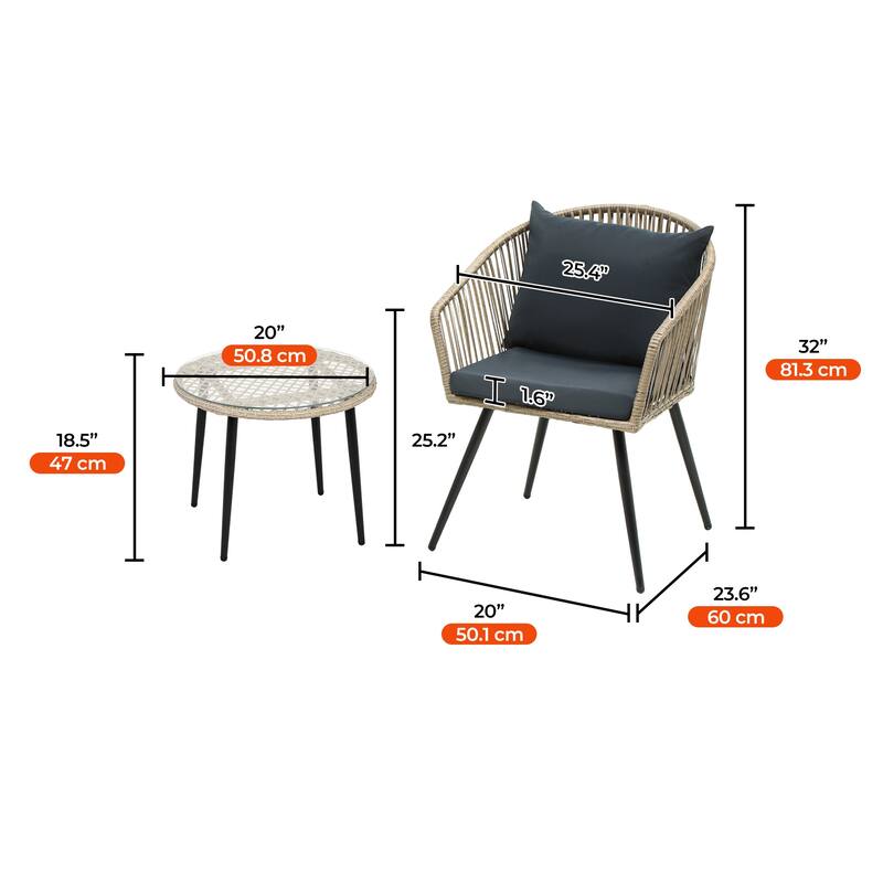 3-Piece Patio Furniture Wicker Bistro Set with Cushions - 20"L x 23.6"W x 32"H
