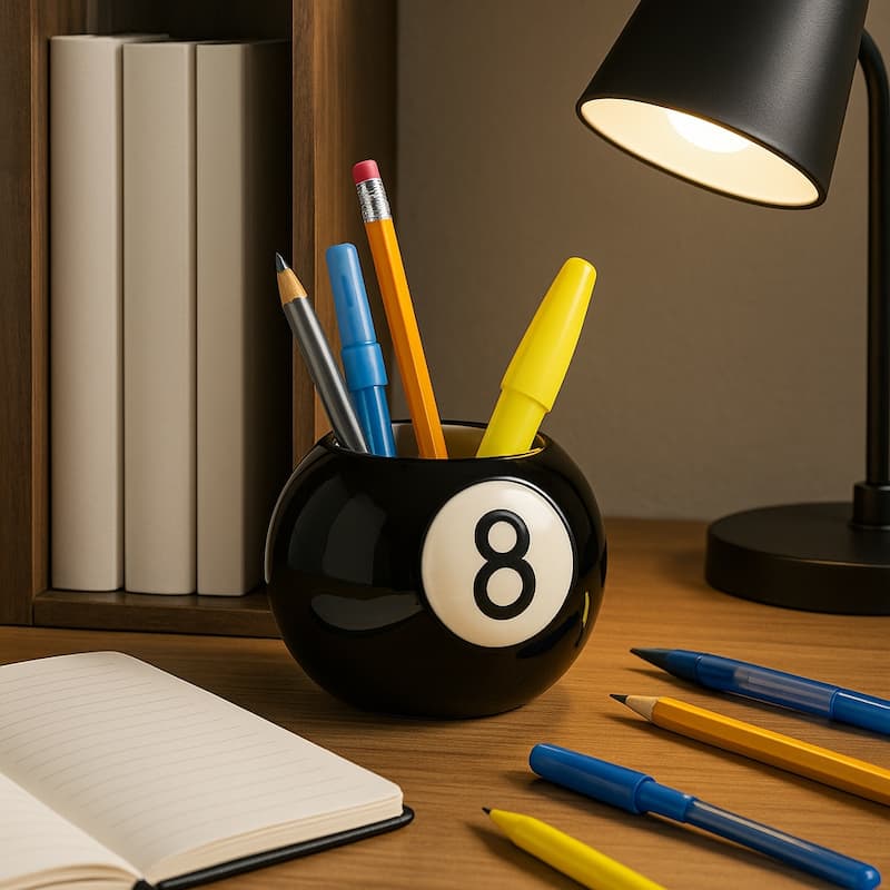 Sleek Magic 8 Ball Round Pencil Cup Storage - 4", Black & White - 4.0" - Black - Painted