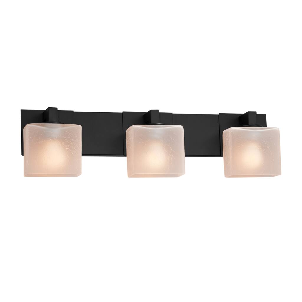 Justice Design Fusion Modular 3-light Matte Black Bath Bar, Frosted Crackle Rectangle Shade