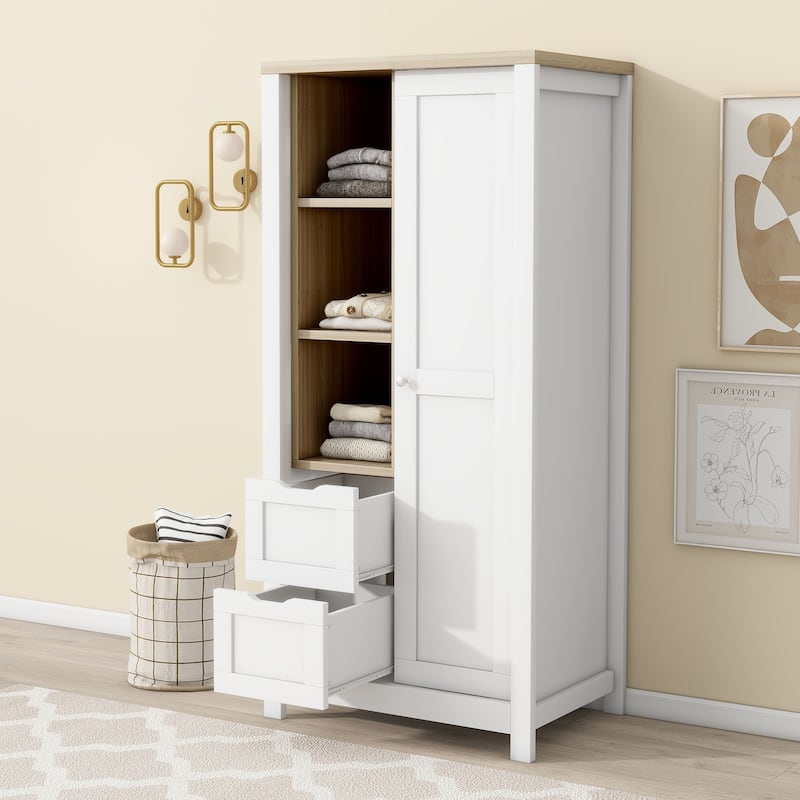 Bedroom Wardrobe Clothes Storage Cabinet Closet with Sliding Door, Wardrobe Armoires with Hanging Rods and 2 Drawers
