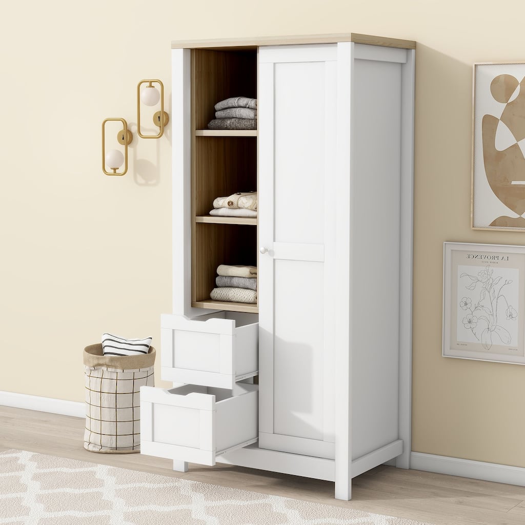 White Sliding Door Wardrobe Storage Cabinet w/ Hanging Rods & Drawers