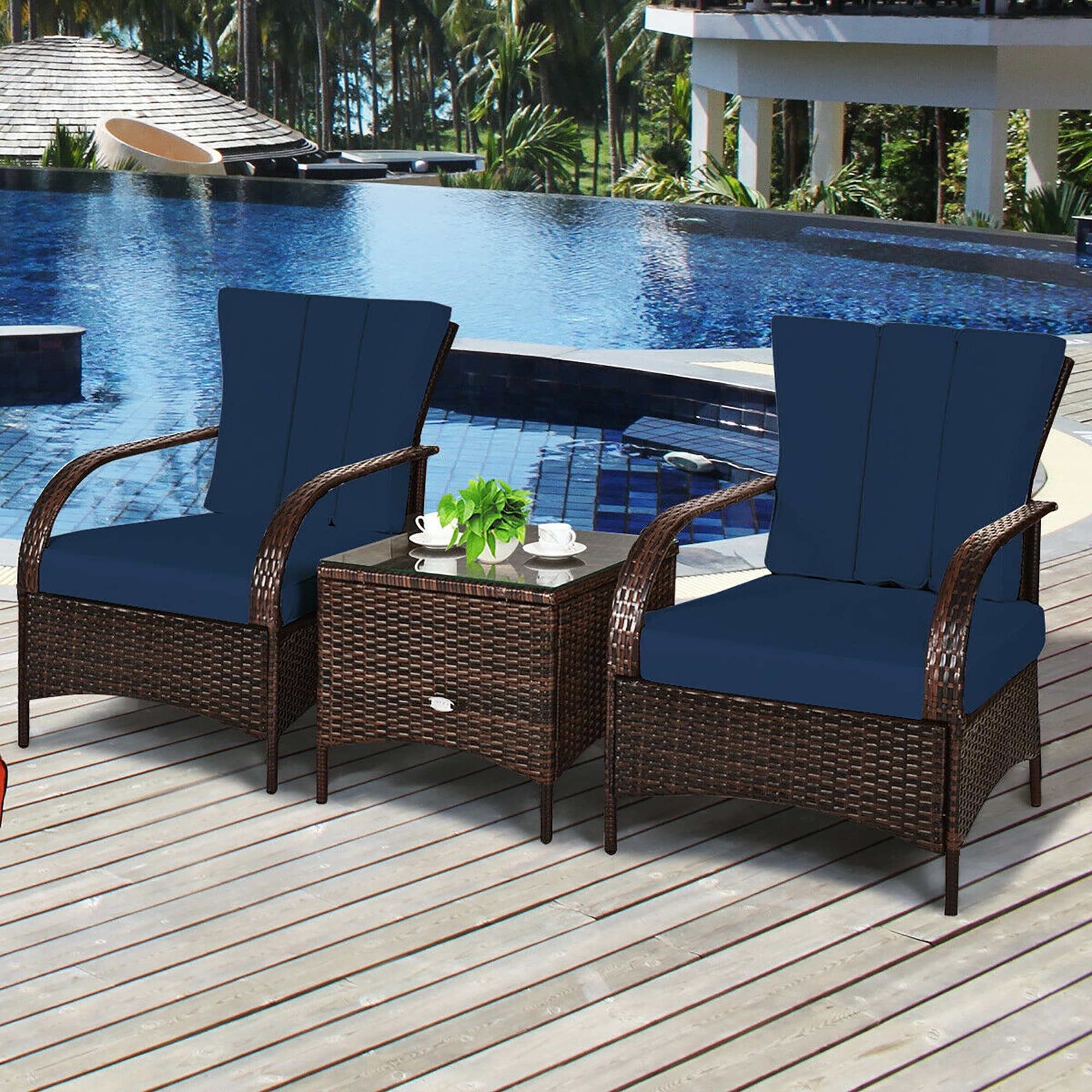 Costway 3 PCS Patio Rattan Furniture Set Coffee Table 2 Rattan