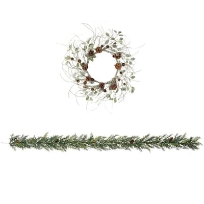 Sullivans 30" Artificial Birch, Leaf & Pinecone Wreath and 6' Arborvitae Garland Set