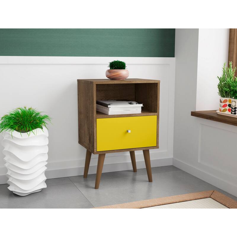 Rustic Brown and Yellow Nightstand with Drawer and Open Cubby