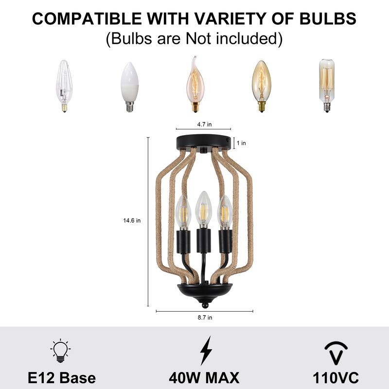 Rustic 3 - Light E12 Flush Mount Ceiling Light, Black Metal & Hemp Rope Cage Fixture - Matte Black
