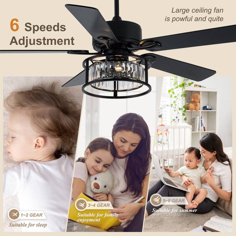 52" Modern Indoor Reversible Crystal Drum Ceiling Fan with Remote Control and Light Kit Chrome