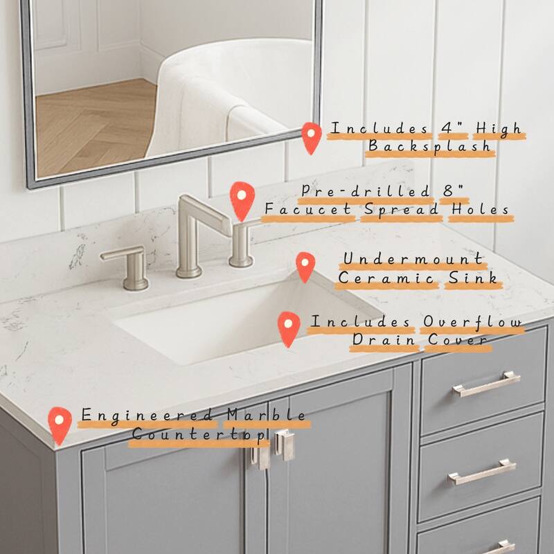 Prismosaic 42 inch Bathroom Vanity Set in Lunar Gray, Middle Sink