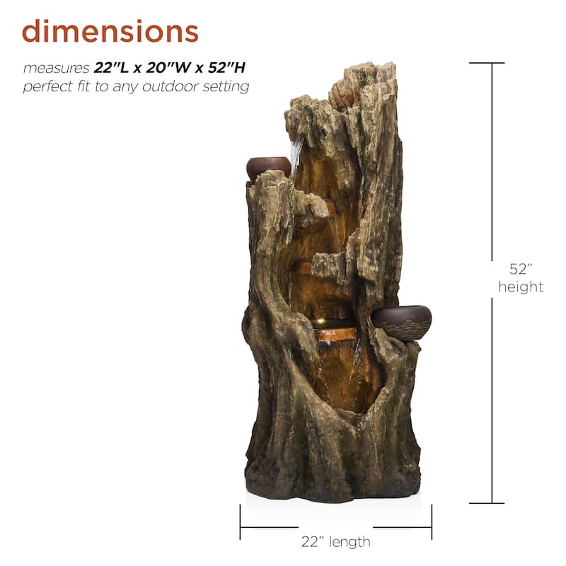 Alpine Corporation WIN1530 Indoor/Outdoor Floor Waterfall, Tree Trunk Fountain w/ LED Lights & 2 Flower Pots, 52", Brown