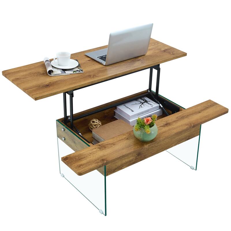 Anmytek Lift Top Coffee Table with Storage Wood Texture Modern Convertible Desk for Small Space Living Room