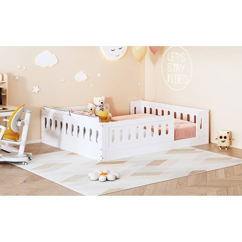 Roomfitters Full Size Wood Platform Bed with Semi-Enclosed Guardrail, Low Profile