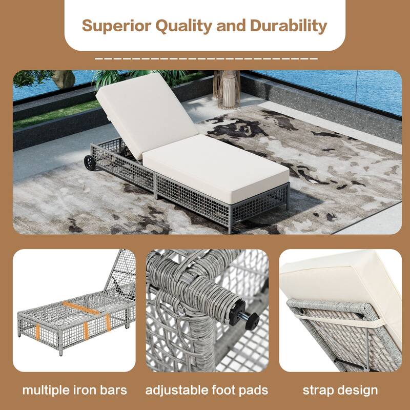 Wicker Outdoor Chaise Lounge Chair with Adjustable Backrest, Cushion and Wheels for Patio or Poolside