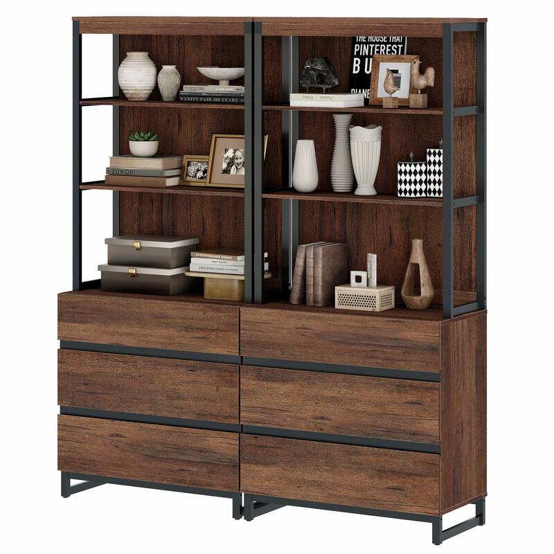 WAMPAT Modern 72" Tall Bookcase with Drawers and Open Book Shelfs, Library Book Shelf for Home Office, Living Room