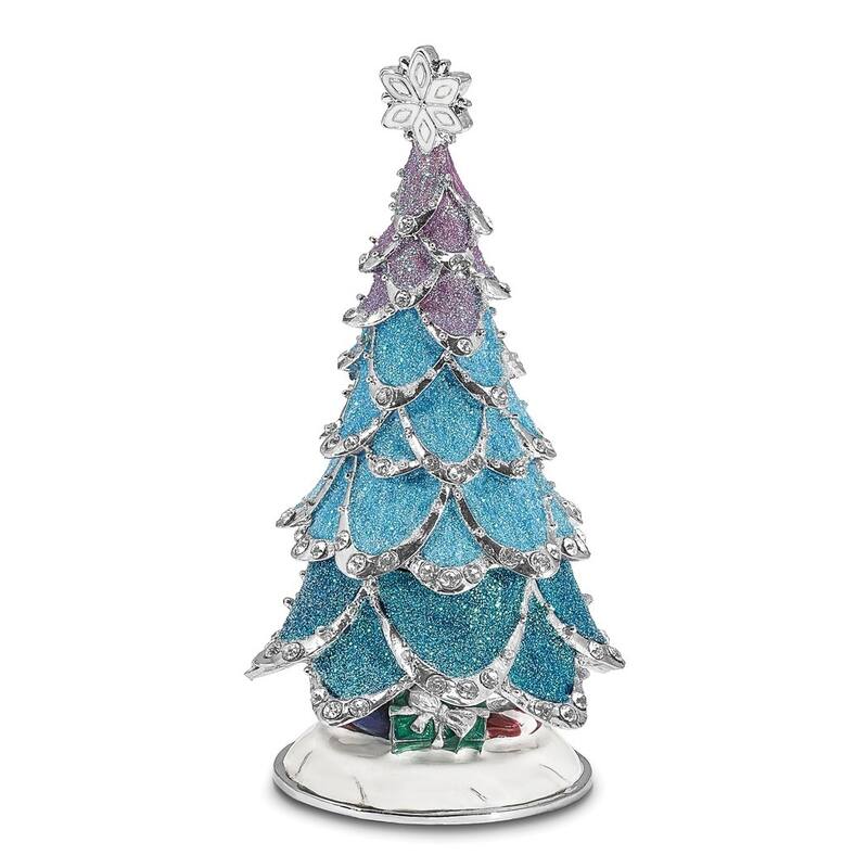 Curata Pewter Crystals Silver-Tone Enameled Arctic Blue Christmas Tree Trinket Box on 18 Inch Necklace