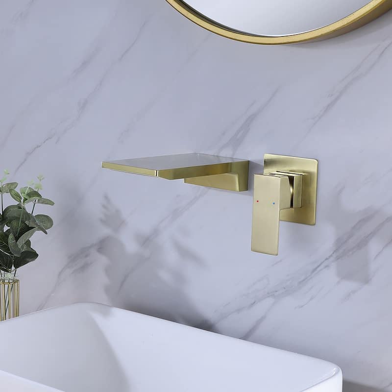Wall Mount Bathoom Faucet Waterfall Brushed Gold Bathroom Sink Faucet Single Handle Modern 2 Holes Basin Vanity Taps With Valve