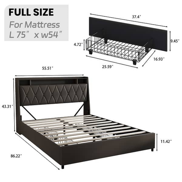 dimension image slide 3 of 4, Upholstered Bed with 4 Drawers, LED Headboard with Charging Station, Heavy Duty Metal Platform Bed Frame with Wood Slat Support