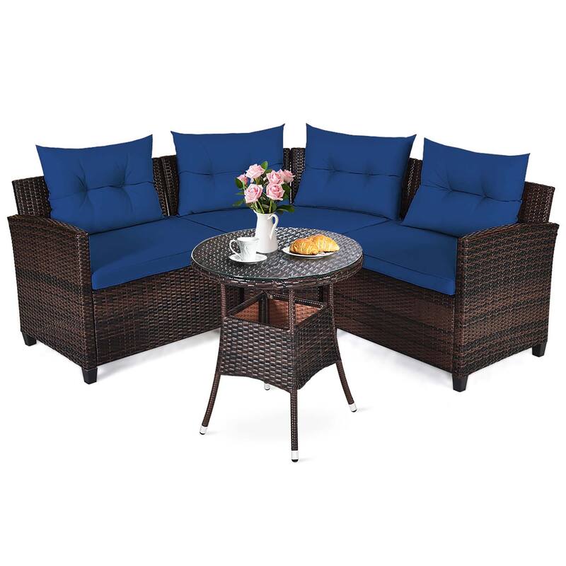 4 PCS Patio Furniture Set C Shape Outdoor Sofa Set w/ Coffee Table - Navy
