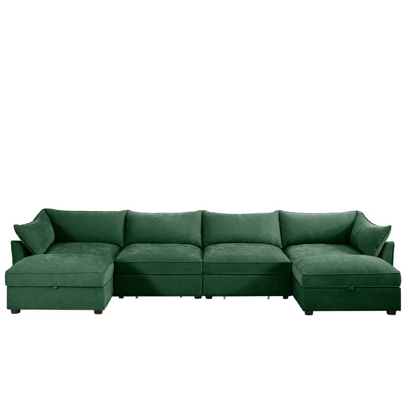 L-Shaped 4-Deep Seater Sectional Sofa Couch with 1 Movable Storage Ottoman & Pull out Drawers Under Each Seat