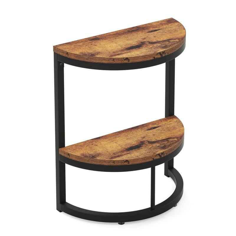 Slim Half Moon 2-Tier Semi-Circle End Table, 19.69" Rustic Brown Wooden Side Table with Storage Shelf for Small Spaces