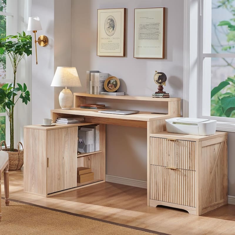 67" Modern L Shaped Desk, Wood Home Office Desk with Charging Station