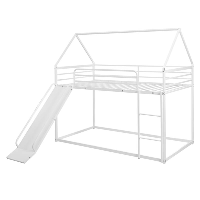 Metal Twin Over Twin Bunk Bed with Ladder and Slider, Sturdy and Safe Design