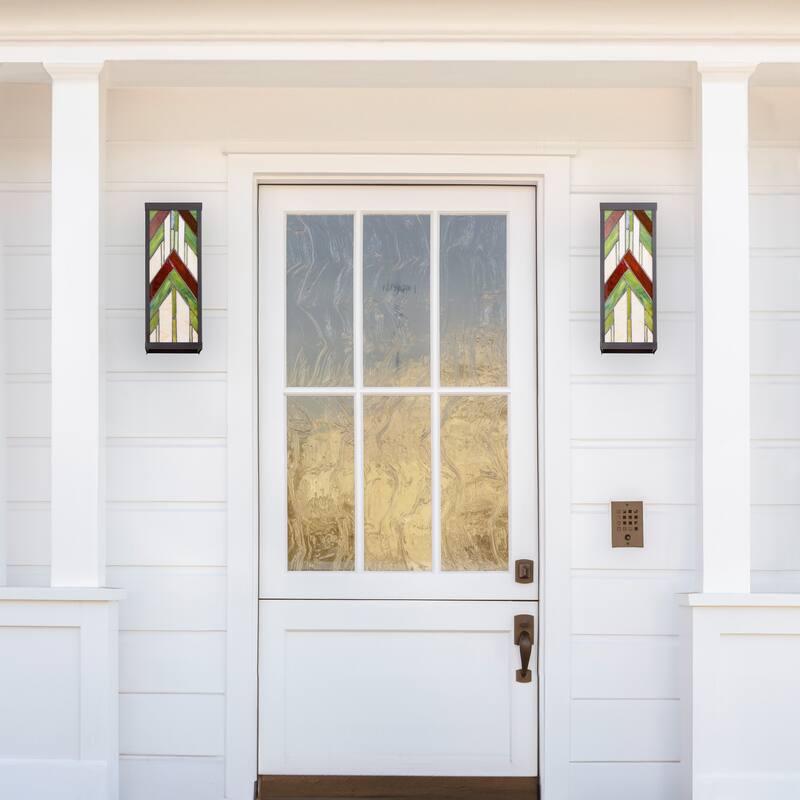 River of Goods Green Stained Glass and Black Satin Rectangular 1-Light Outdoor Wall Sconce - 6.25" x 5.5" x 16.25"