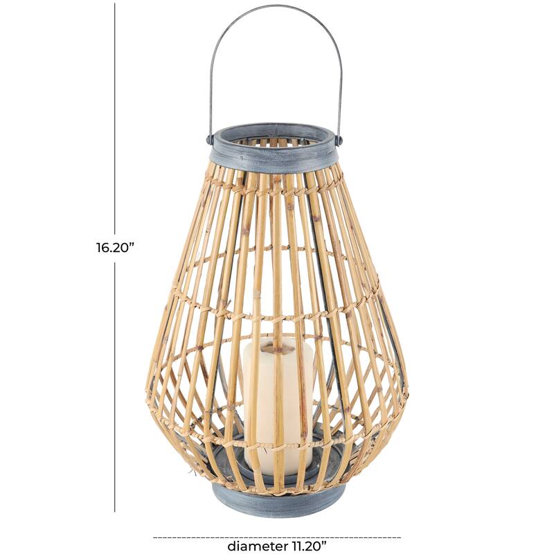 Brown Bamboo Wood Handmade Open Framed Indoor Outdoor Candle Lantern with Blue Metal Accents and Handle