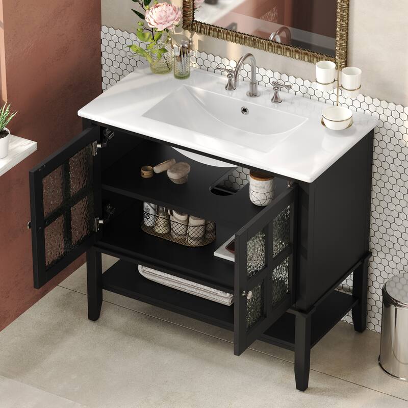 36" Bathroom Vanity with Ceramic Sink, Adjustable Shelf and Open Shelf with Wood Legs, Metal Knobs and Soft Close Hinges Design