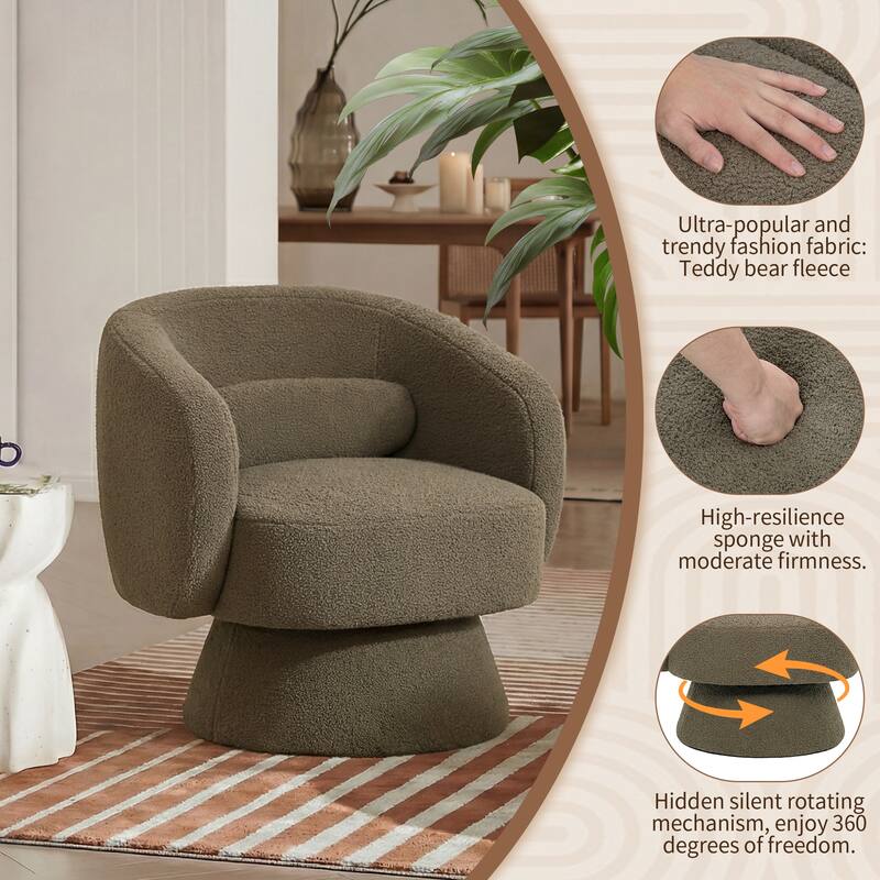 360° Swivel Accent Chair, Round Barrel Upholstered Armchair with Lumbar Cushion