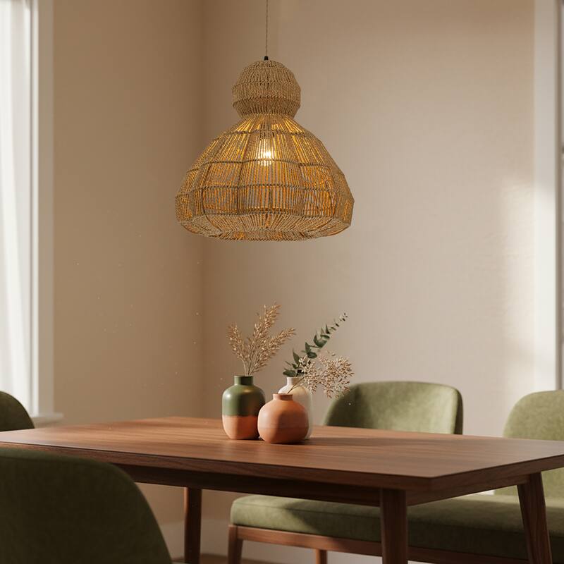 Ciel 1-Light Rattan Hemp Scalloped Pendant, Coastal Boho - Handwoven - 20" Wide