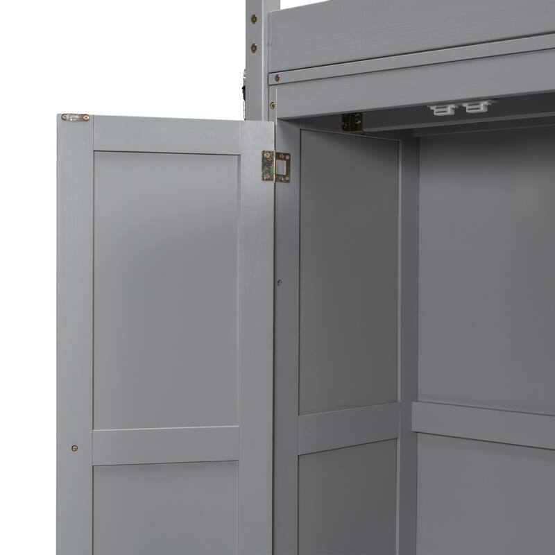 Full Size Loft Bed with Built-in Wardrobe, Storage Shelves & LED Lighting, Space-Saving Gray Wood Design