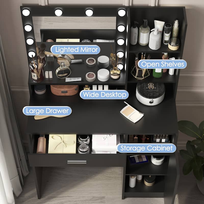 Makeup Vanity Table with Adjustable Lighting, Oversized Drawer, 3 Shelves and Cabinet Storage