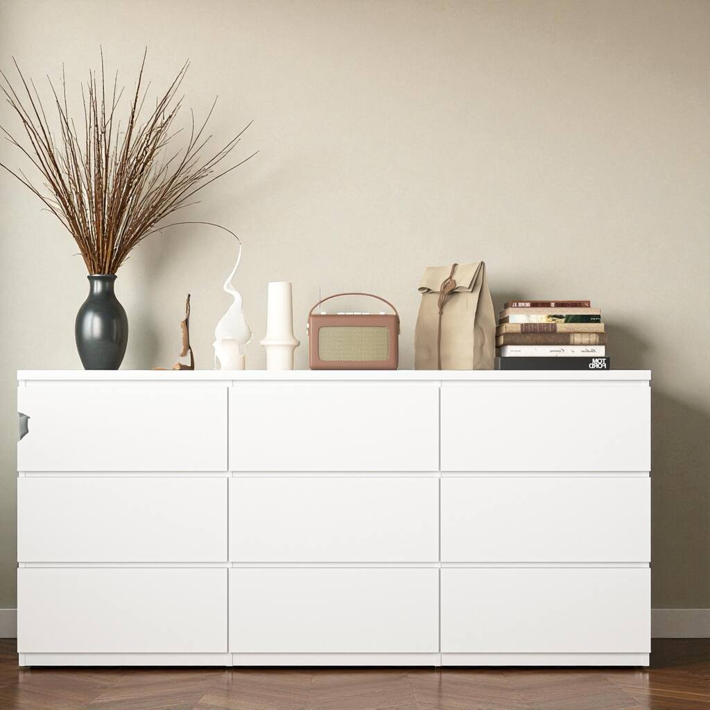 Modern 9-Drawer Dresser Wide Bedroom Cabinet Handleless Chest Wood Storage Organizer for Living Room Hallway Entryway